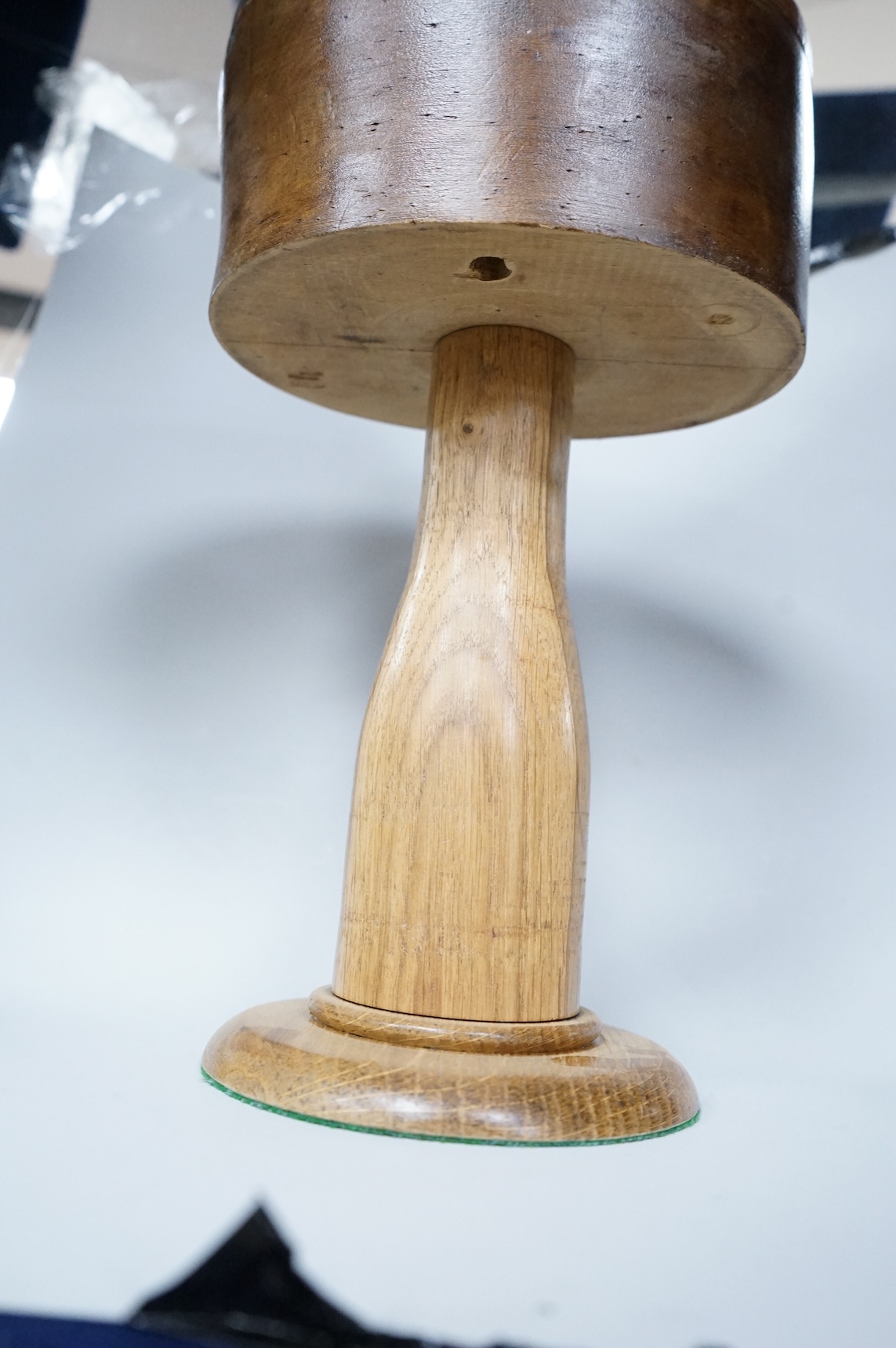 Oak and mahogany hat block, 31.5cm high